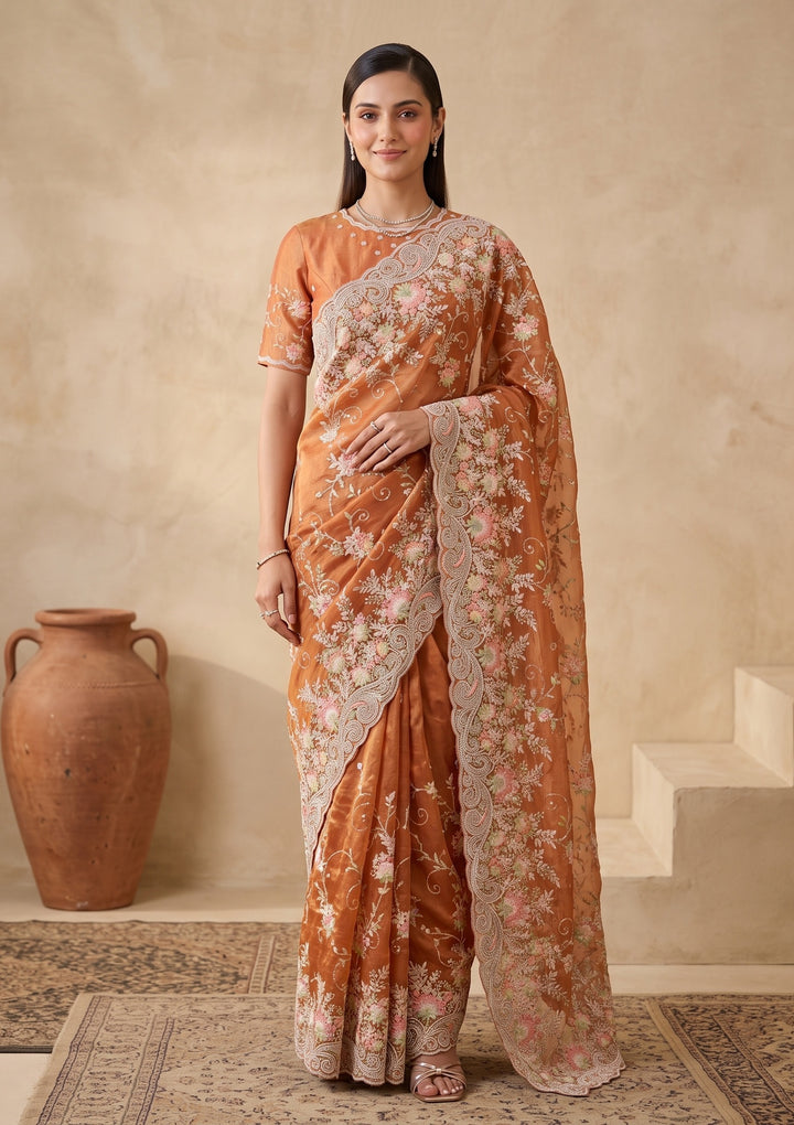 Rust Threadwork Tissue Saree