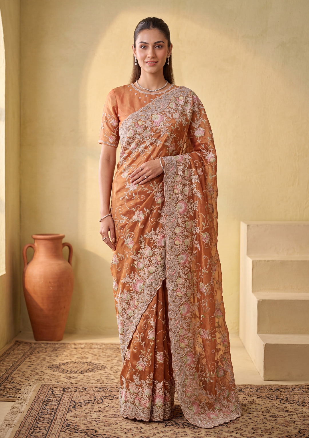 Rust Threadwork Tissue Saree