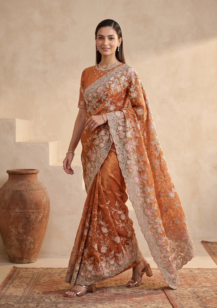 Rust Threadwork Tissue Saree