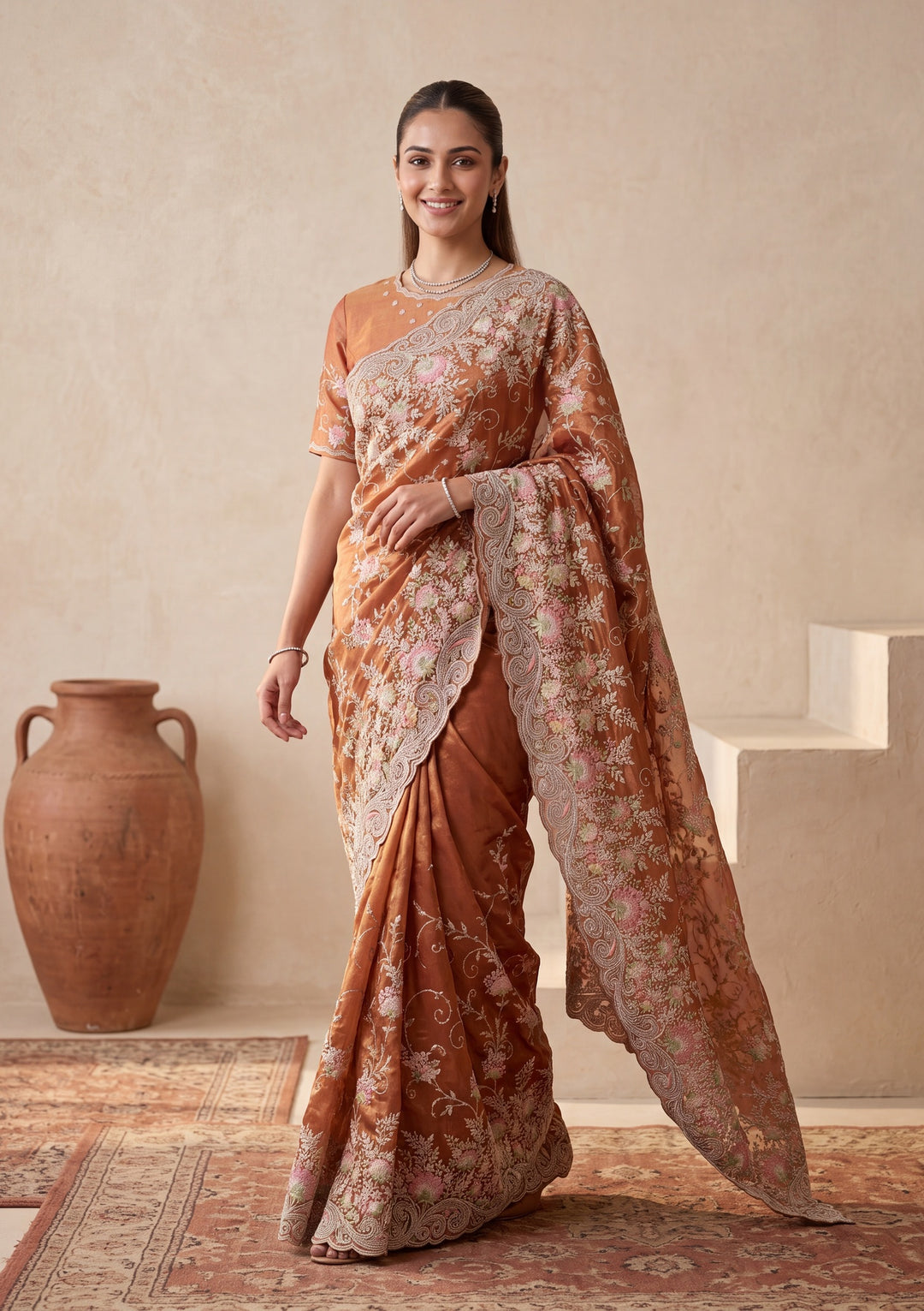 Rust Threadwork Tissue Saree