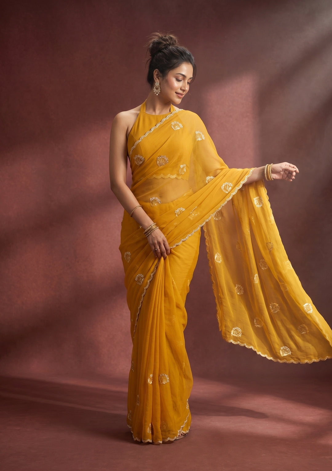 Mustard Zariwork (Gold) Chiffon Saree