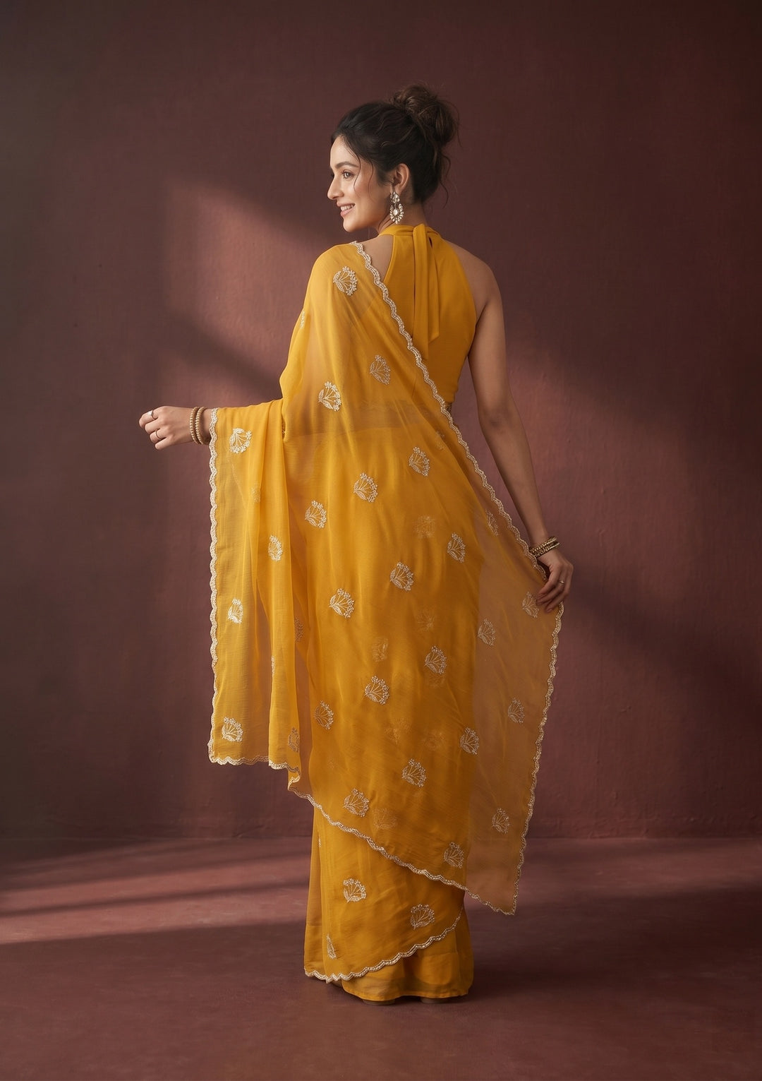 Mustard Zariwork (Gold) Chiffon Saree