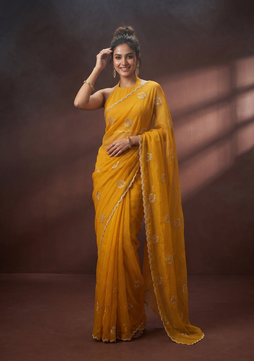 Mustard Zariwork (Gold) Chiffon Saree