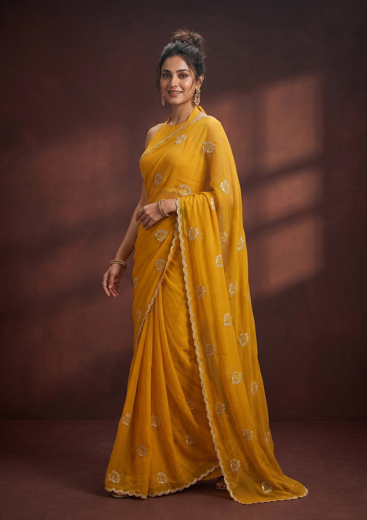 Mustard Zariwork (Gold) Chiffon Saree