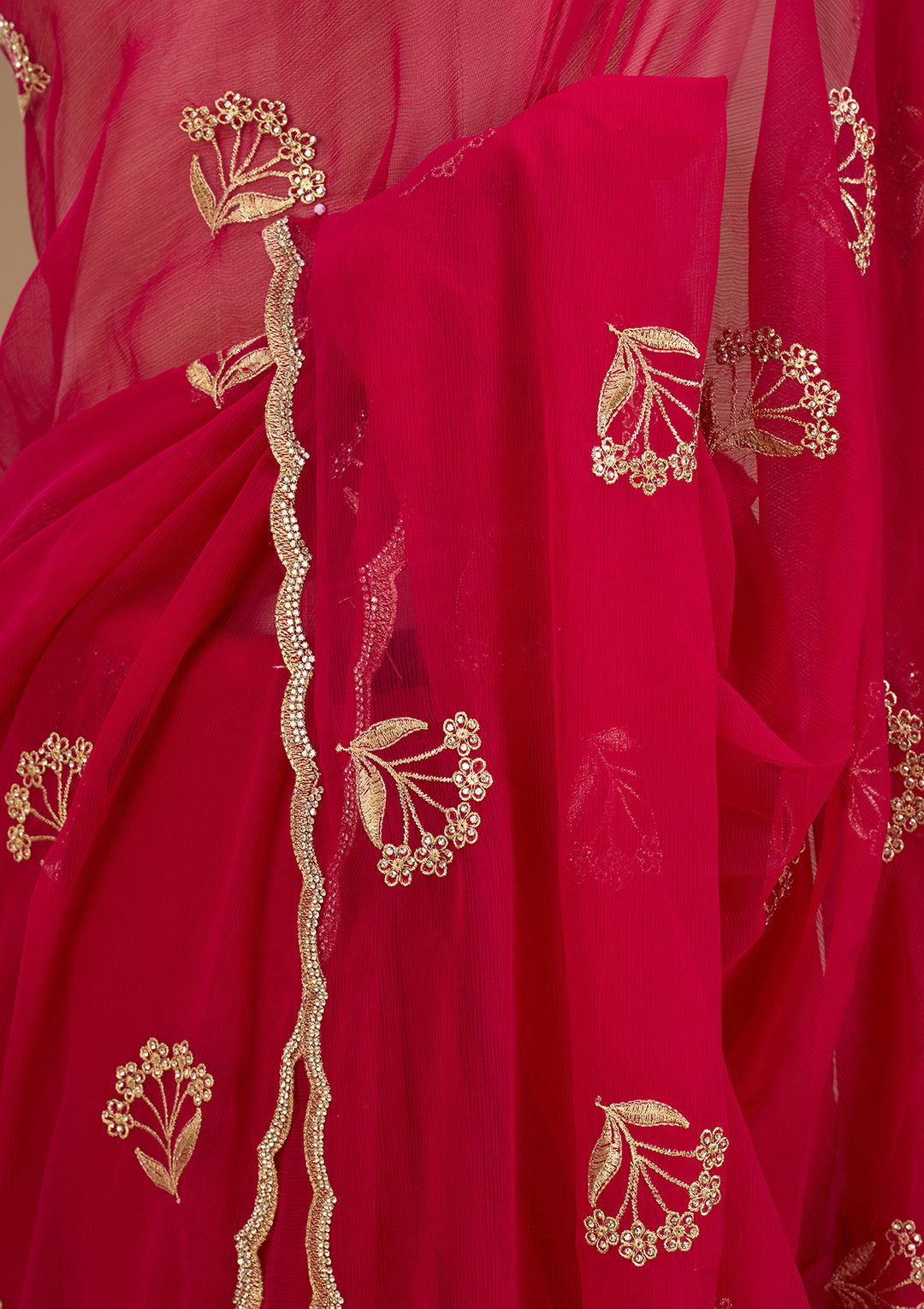 Rani Pink Zariwork (Gold) Chiffon Saree