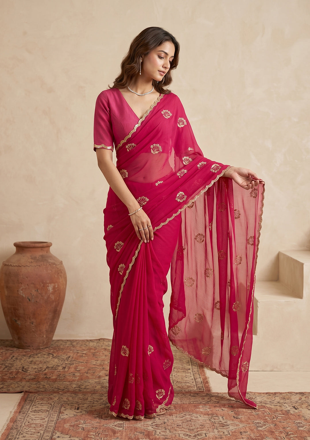 Rani Pink Zariwork (Gold) Chiffon Saree