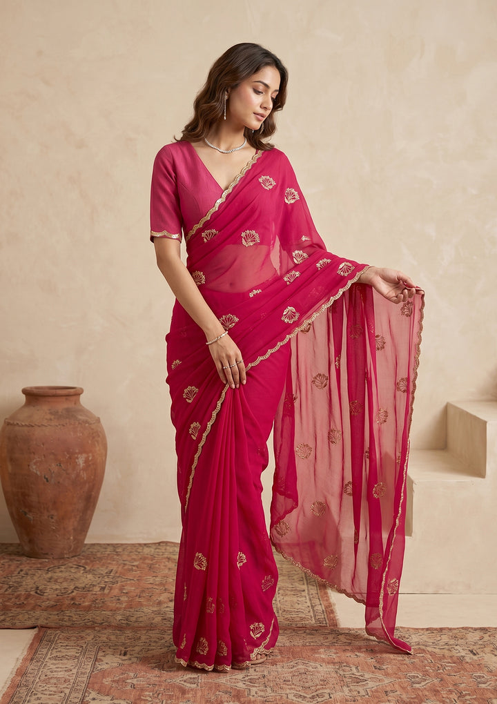 Rani Pink Zariwork (Gold) Chiffon Saree