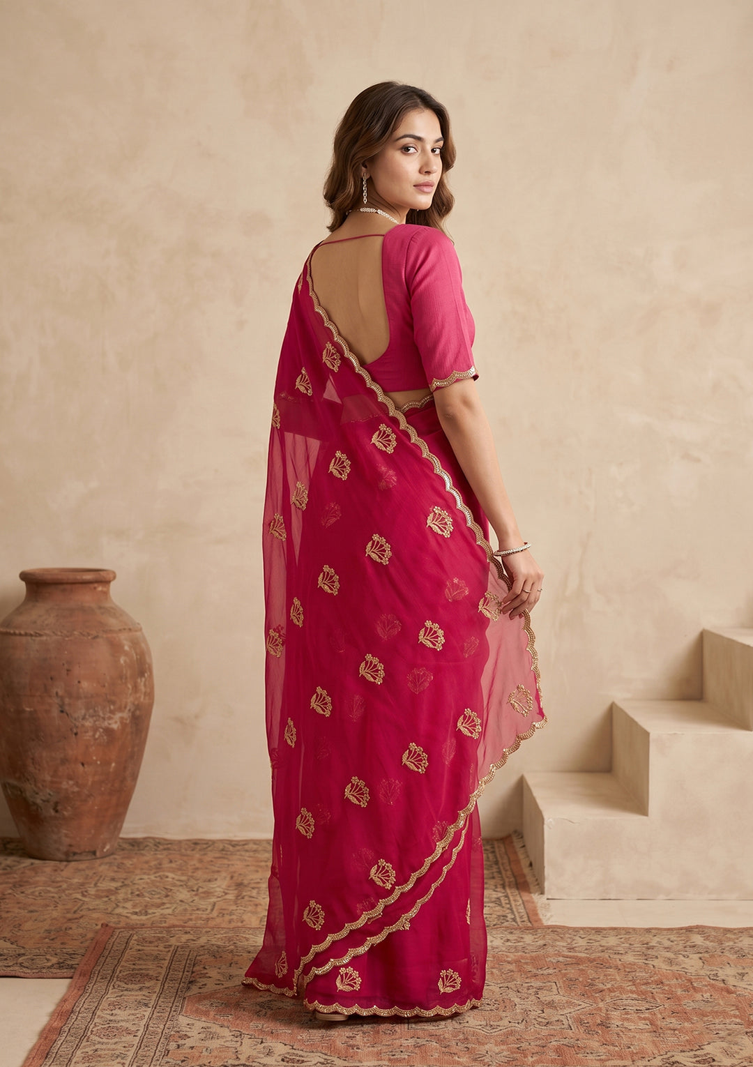 Rani Pink Zariwork (Gold) Chiffon Saree