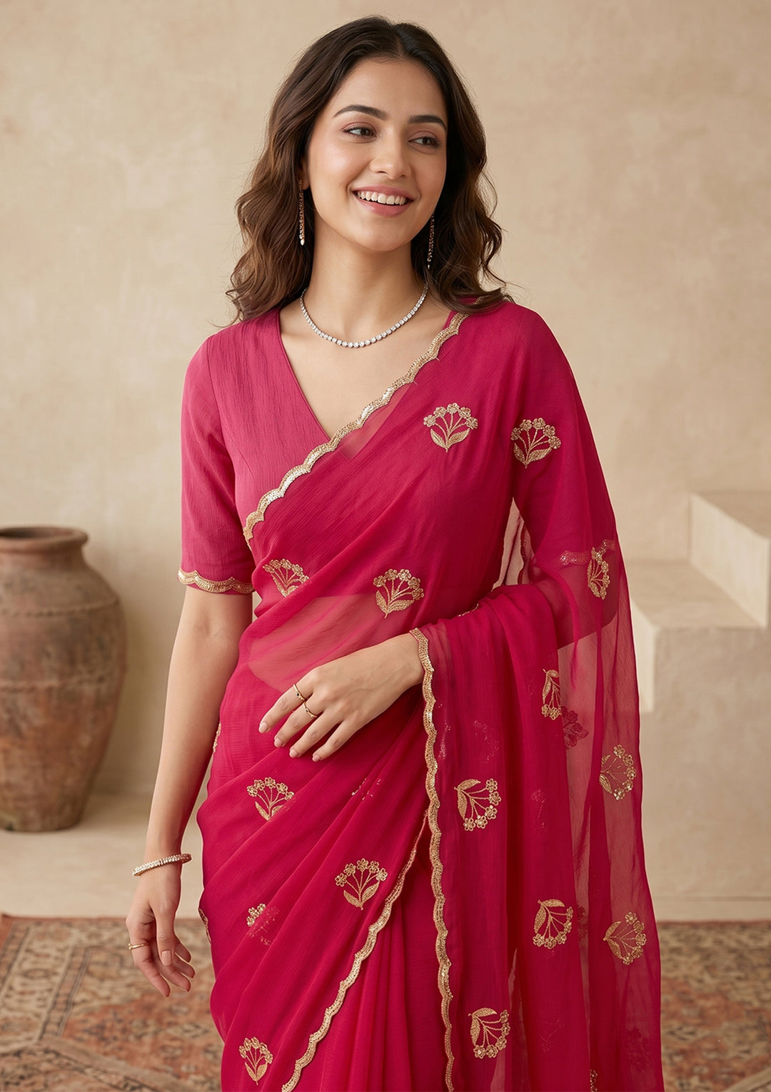 Rani Pink Zariwork (Gold) Chiffon Saree