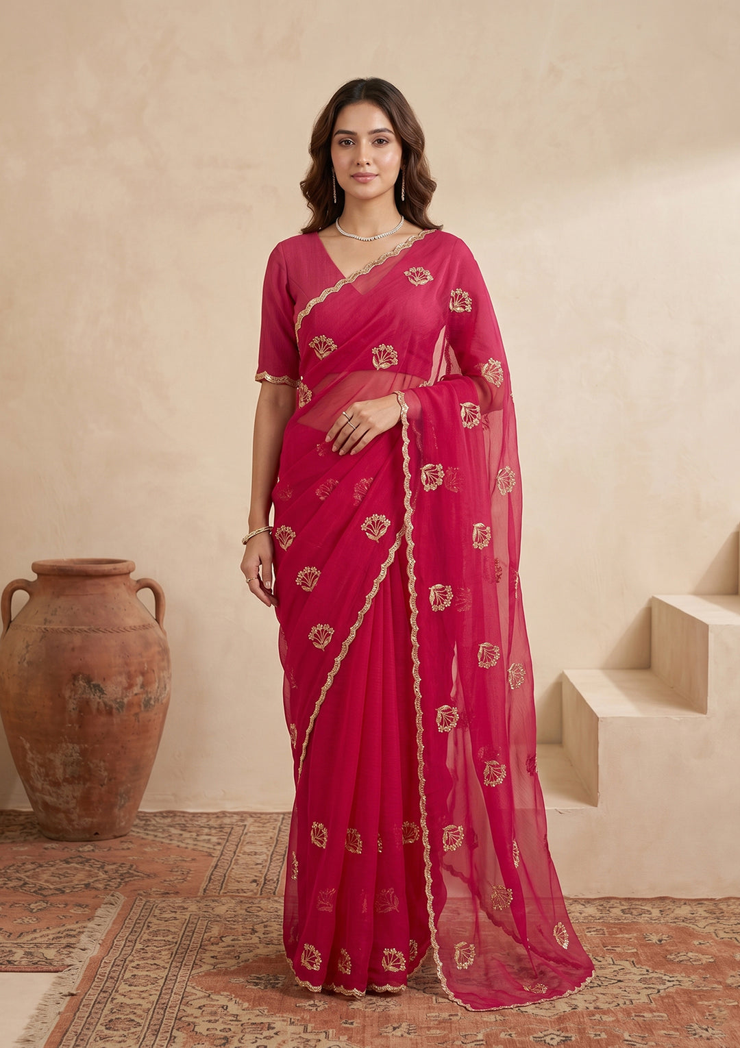 Rani Pink Zariwork (Gold) Chiffon Saree