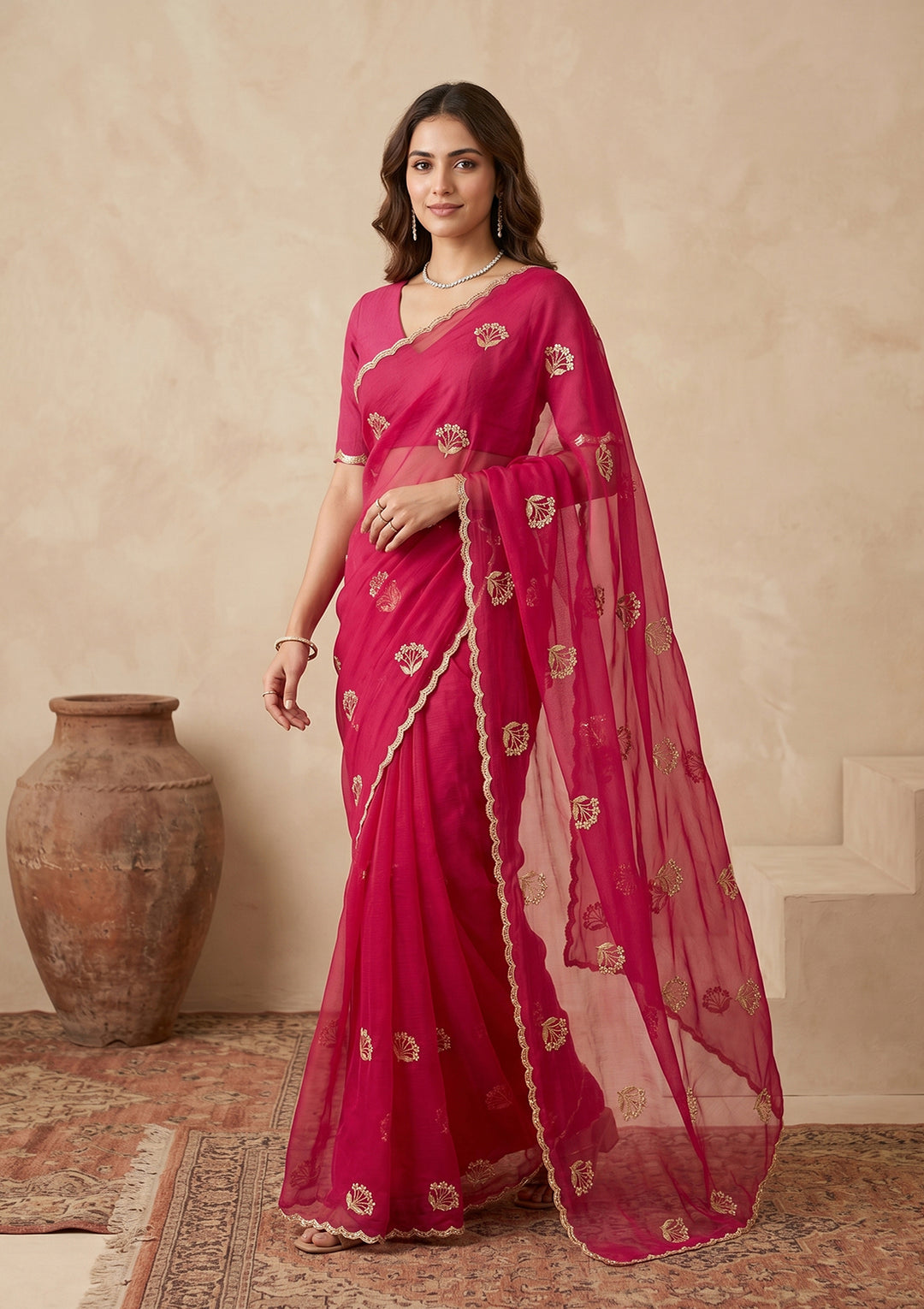 Rani Pink Zariwork (Gold) Chiffon Saree