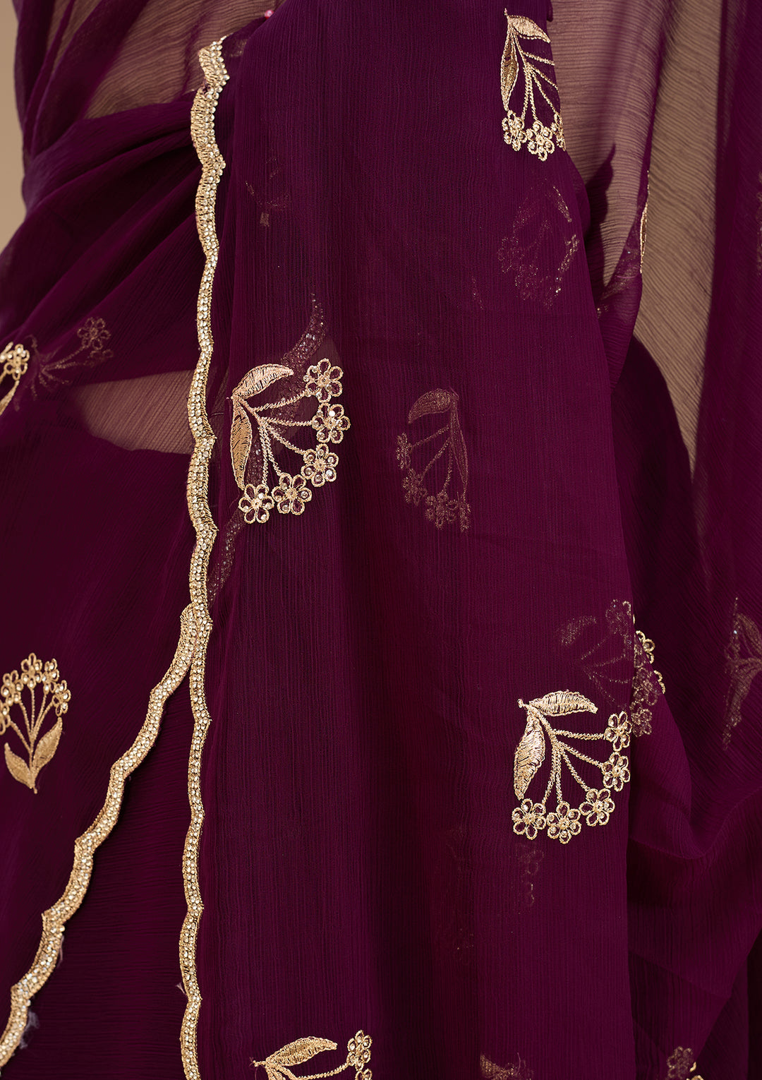 Wine Zariwork (Gold) Chiffon Saree