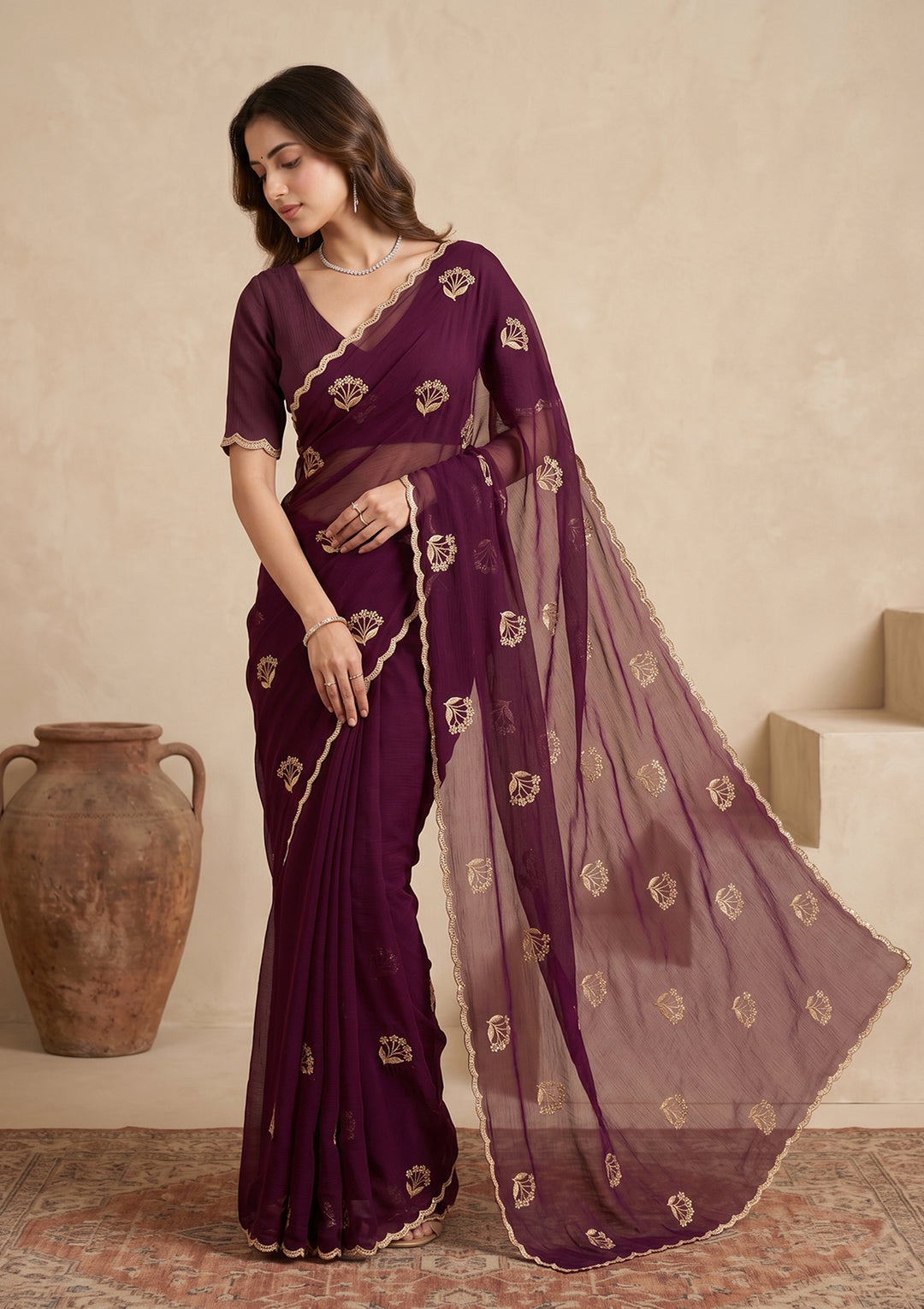 Wine Zariwork (Gold) Chiffon Saree