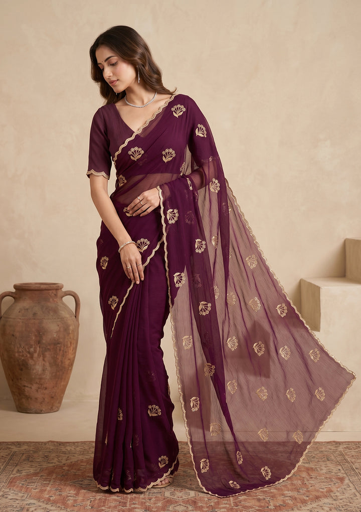 Wine Zariwork (Gold) Chiffon Saree