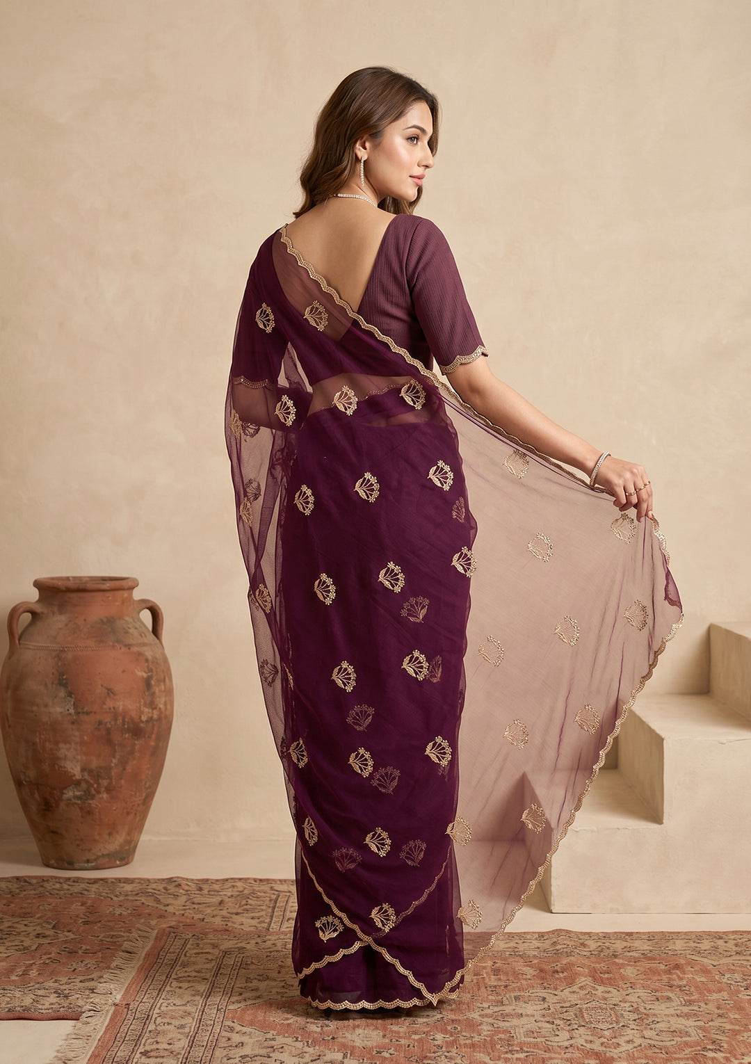 Wine Zariwork (Gold) Chiffon Saree