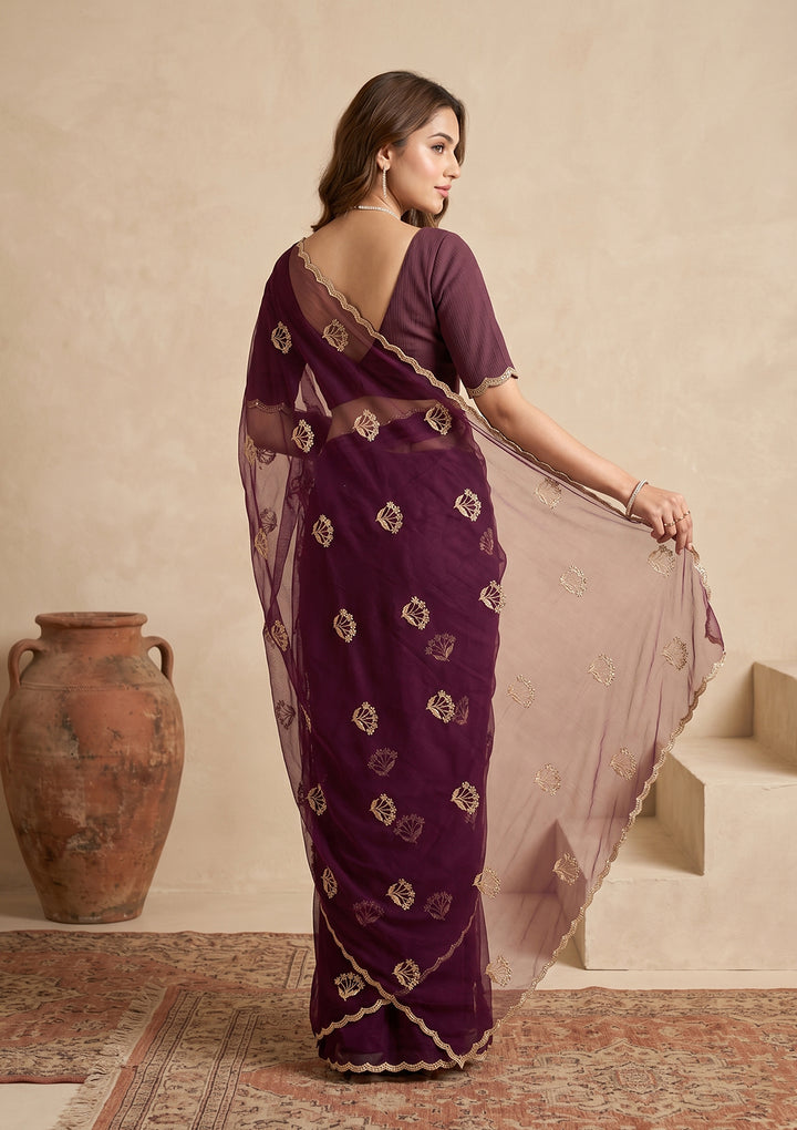 Wine Zariwork (Gold) Chiffon Saree