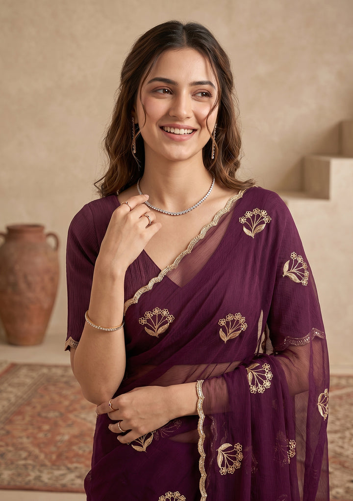 Wine Zariwork (Gold) Chiffon Saree