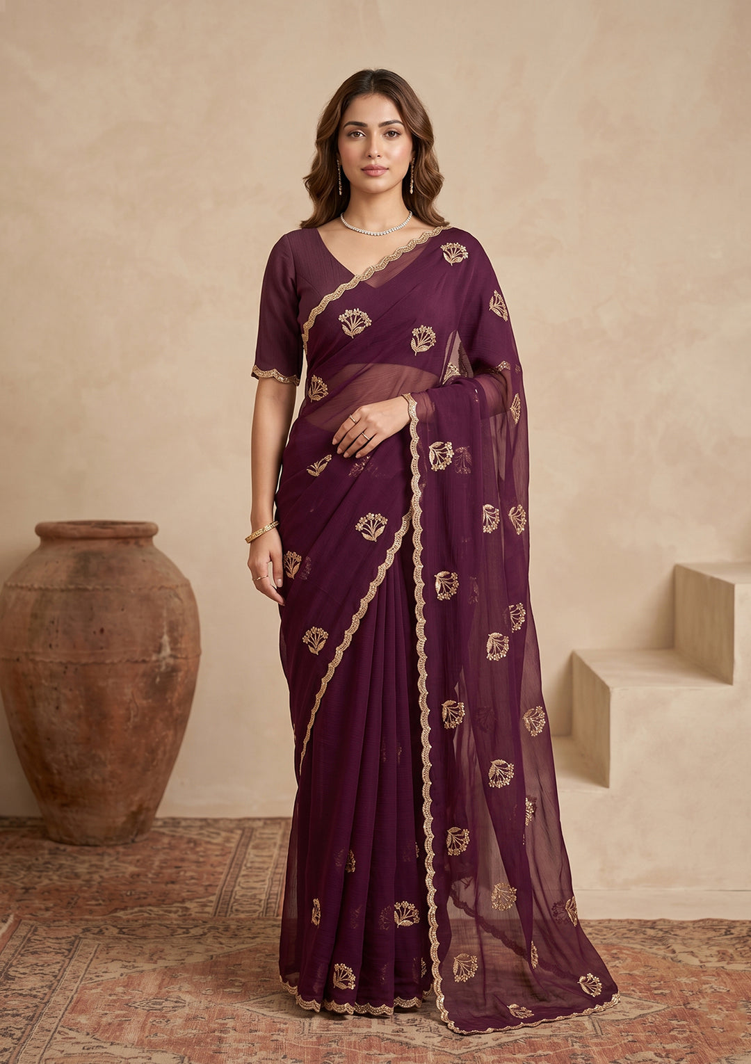 Wine Zariwork (Gold) Chiffon Saree