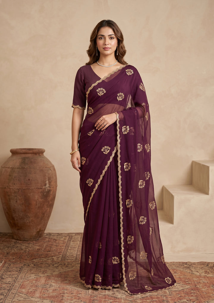 Wine Zariwork (Gold) Chiffon Saree
