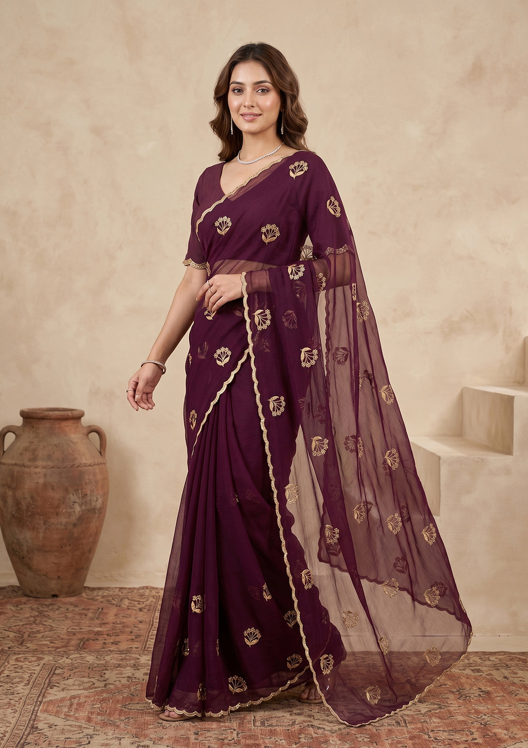 Wine Zariwork (Gold) Chiffon Saree