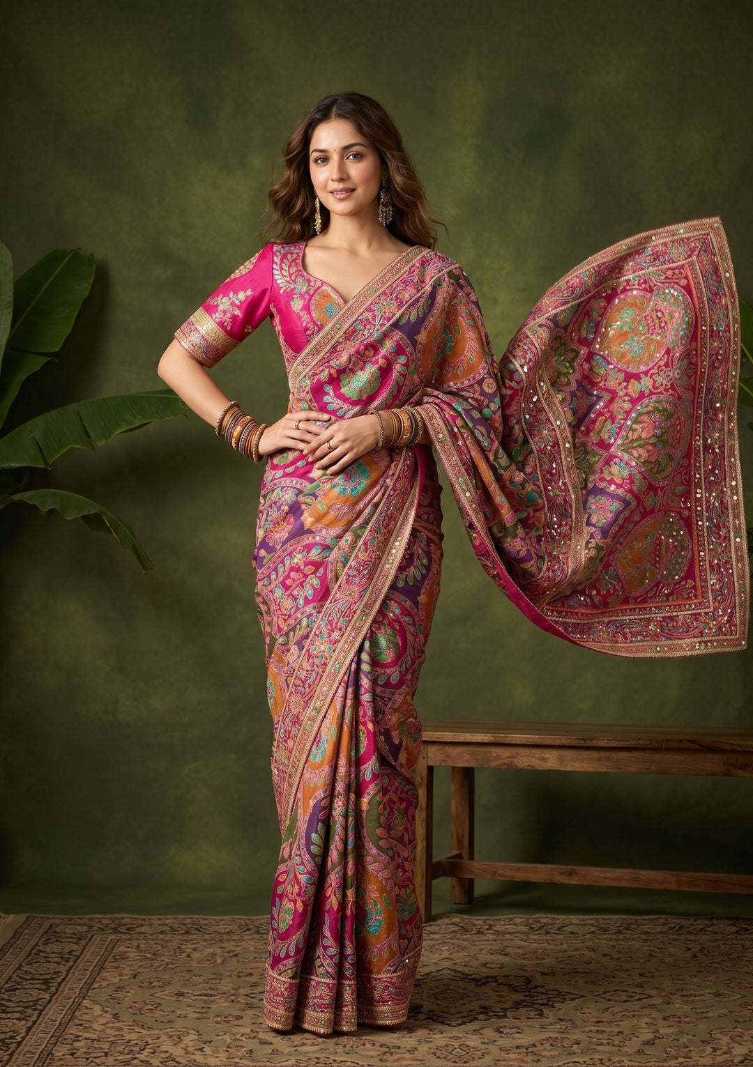 Multi Satin Sequins Saree With Matching Blouse Piece