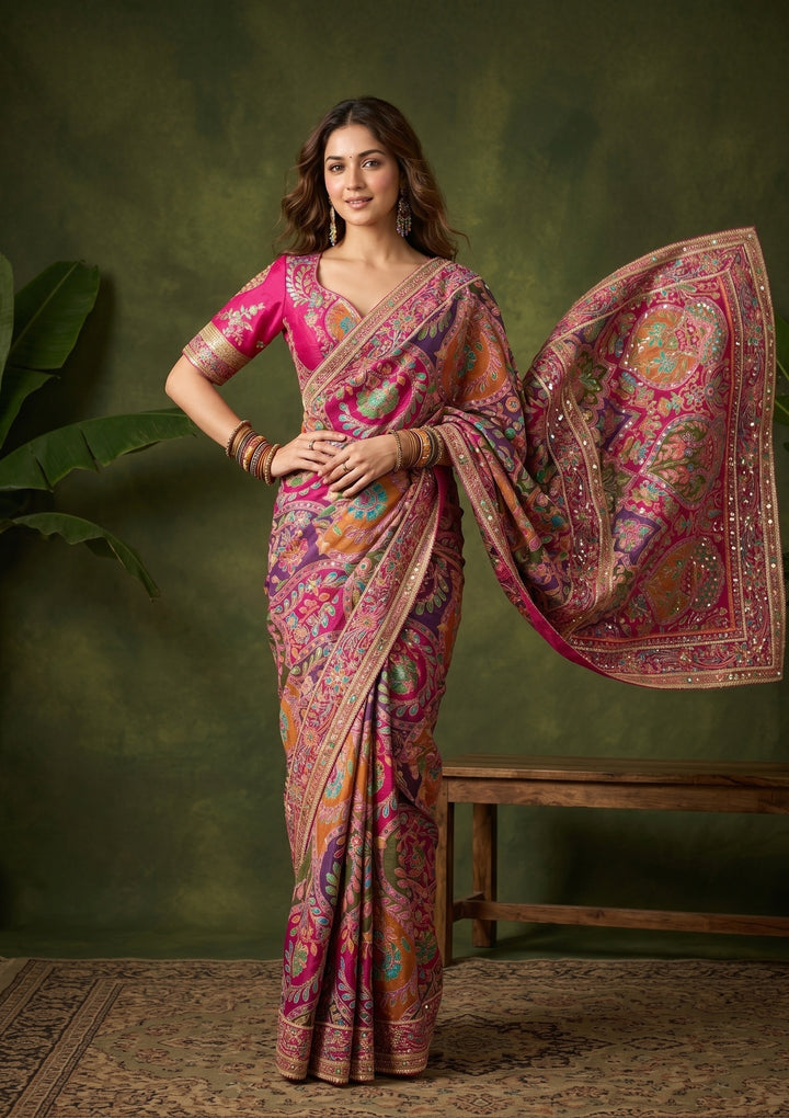 Multi Satin Sequins Saree With Matching Blouse Piece