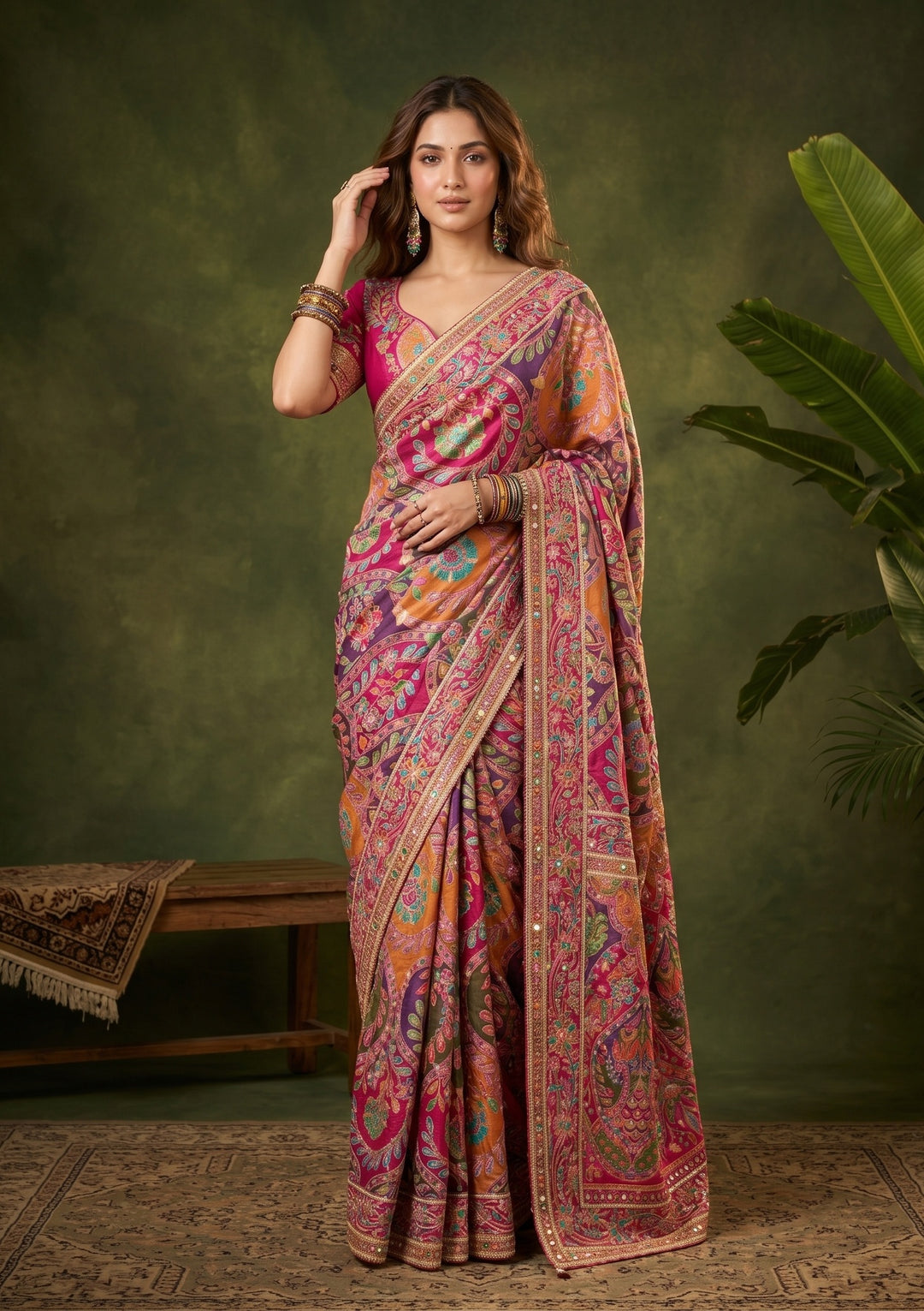 Multi Satin Sequins Saree With Matching Blouse Piece