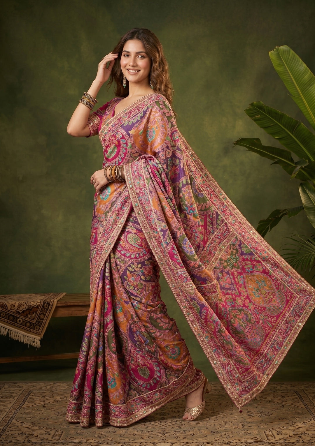Multi Satin Sequins Saree With Matching Blouse Piece