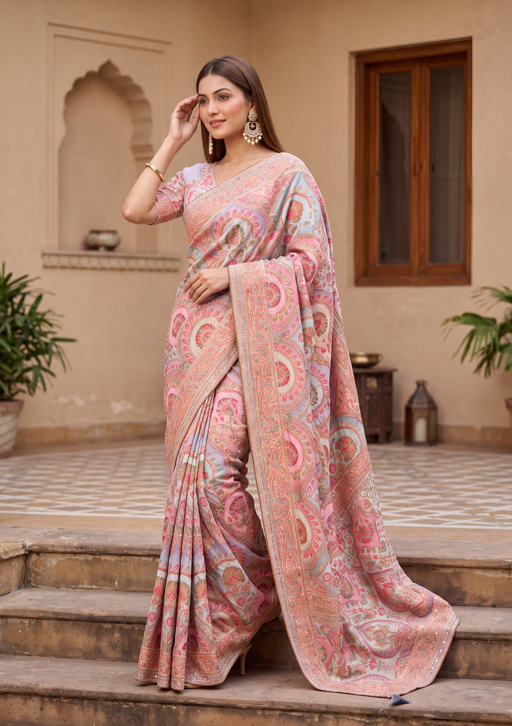 Sky Blue Satin Abstract Geometric Sequins Saree With Matching Blouse Piece