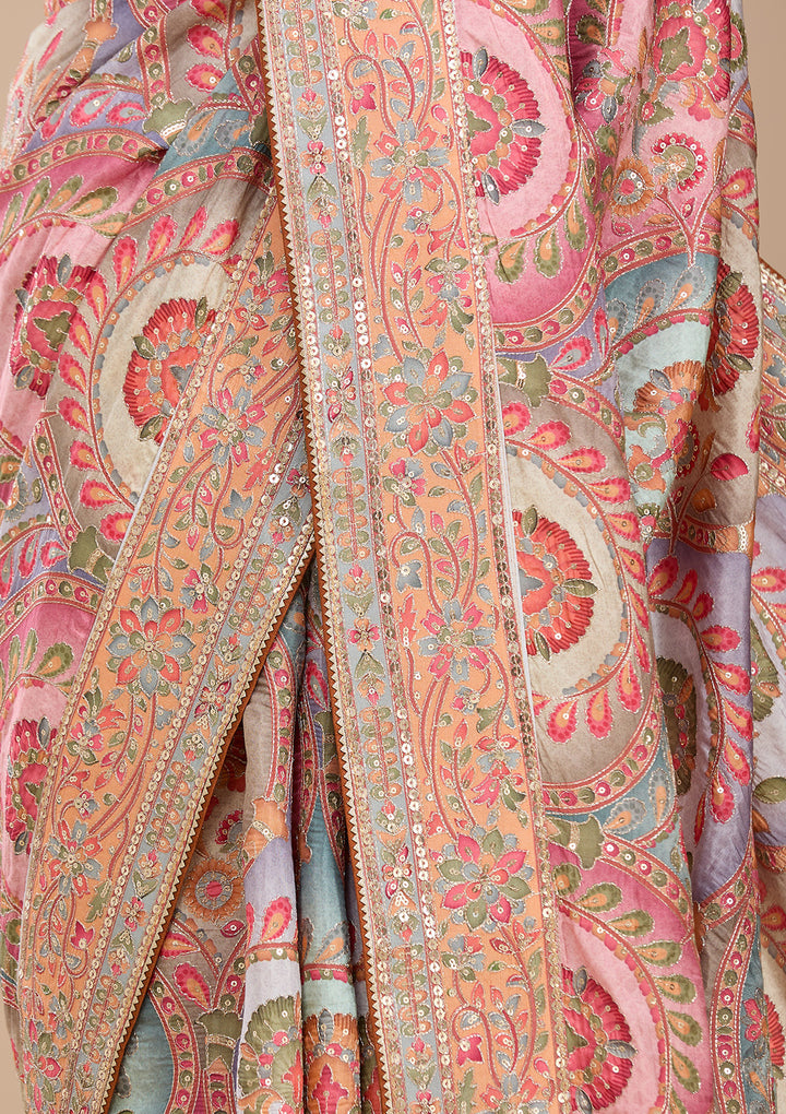 Sky Blue Satin Abstract Geometric Sequins Saree With Matching Blouse Piece