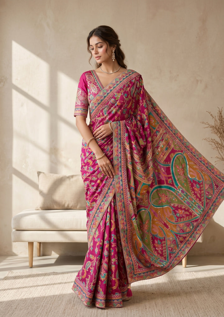 Magenta Pink Satin Sequins Saree With Matching Blouse Piece