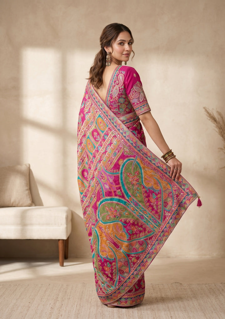 Magenta Pink Satin Sequins Saree With Matching Blouse Piece