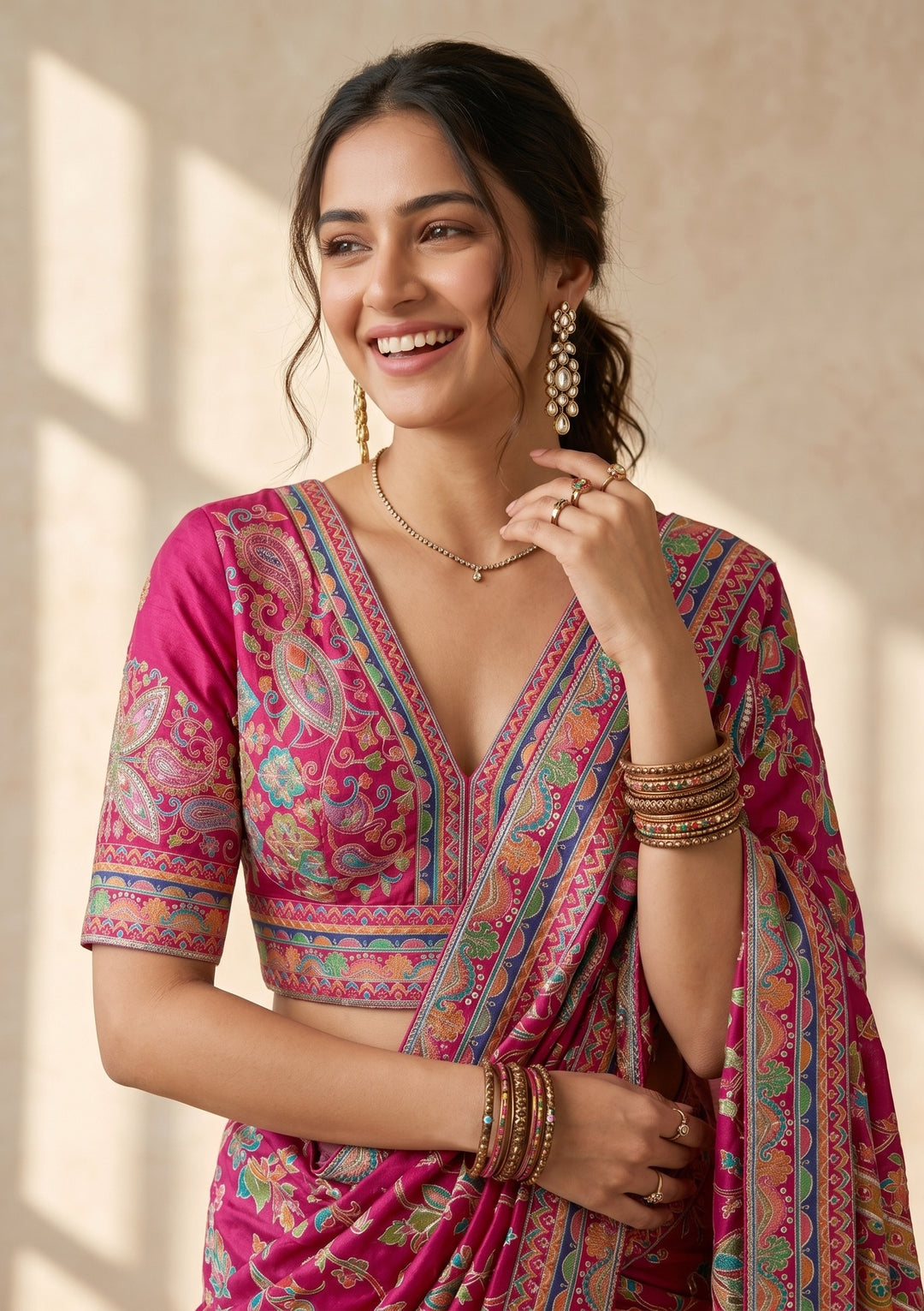 Magenta Pink Satin Sequins Saree With Matching Blouse Piece