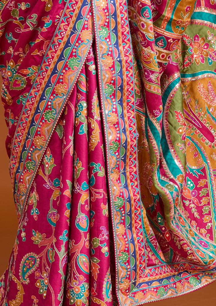 Magenta Pink Satin Sequins Saree With Matching Blouse Piece