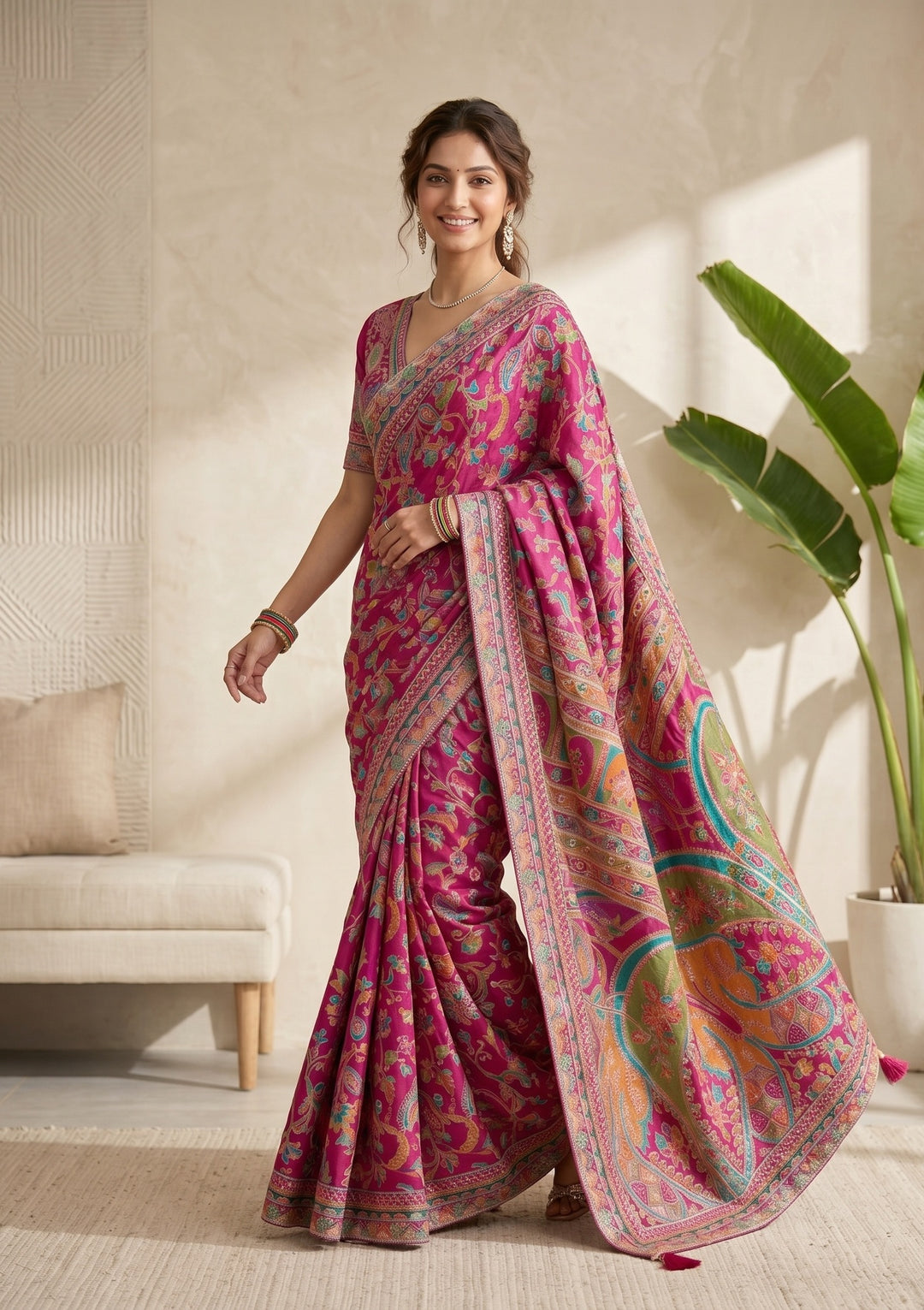 Magenta Pink Satin Sequins Saree With Matching Blouse Piece