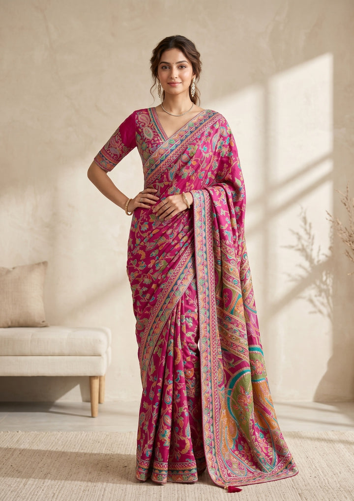 Magenta Pink Satin Sequins Saree With Matching Blouse Piece