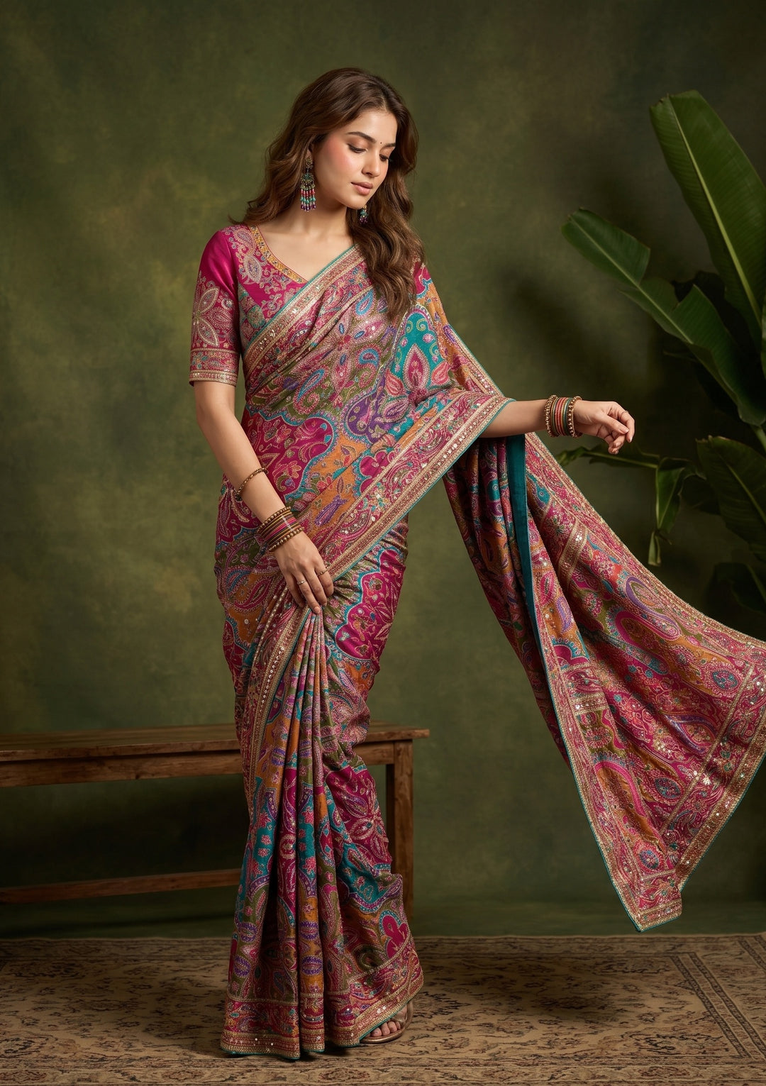 Multi Satin Sequins Saree With Matching Blouse Piece