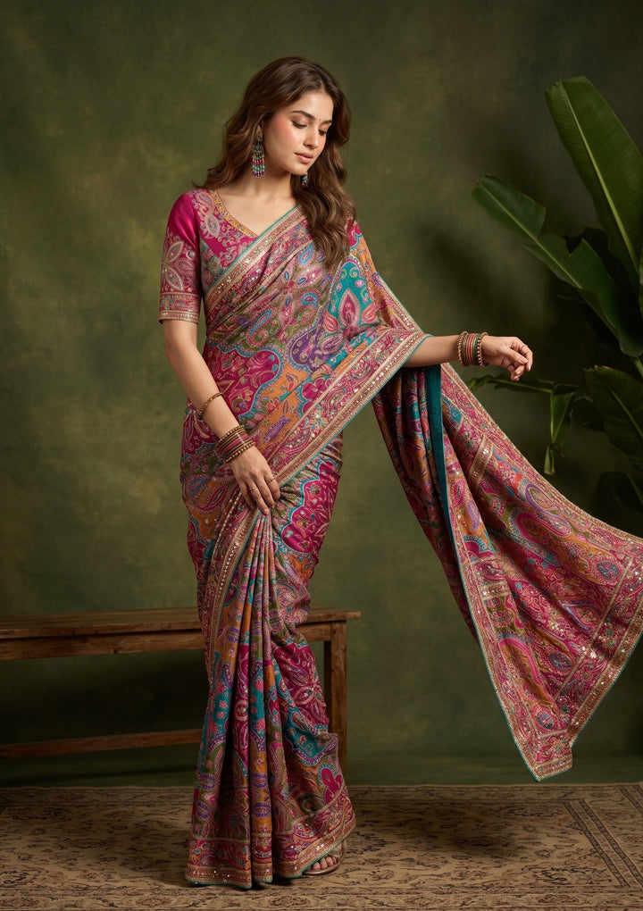 Multi Satin Sequins Saree With Matching Blouse Piece