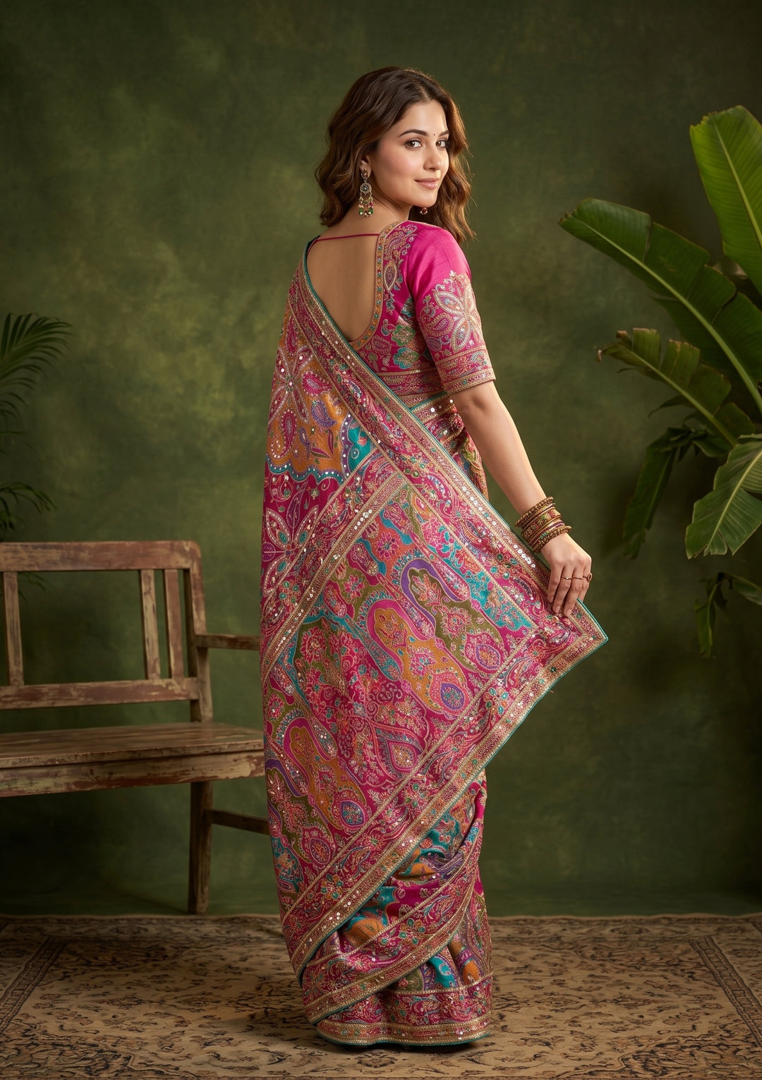 Multi Satin Sequins Saree With Matching Blouse Piece