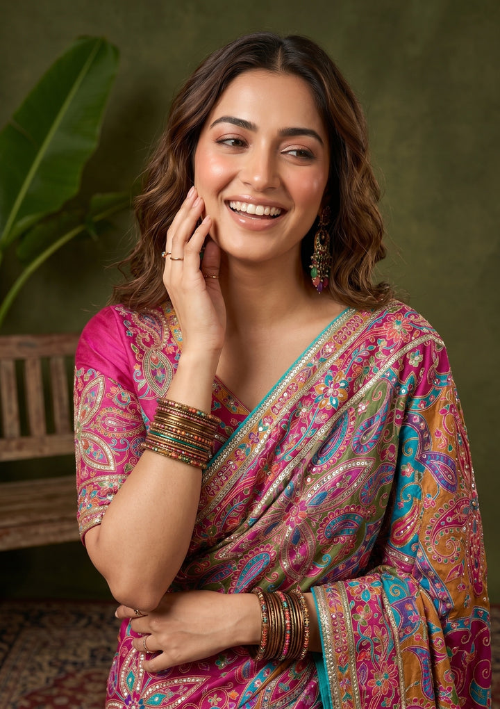 Multi Satin Sequins Saree With Matching Blouse Piece