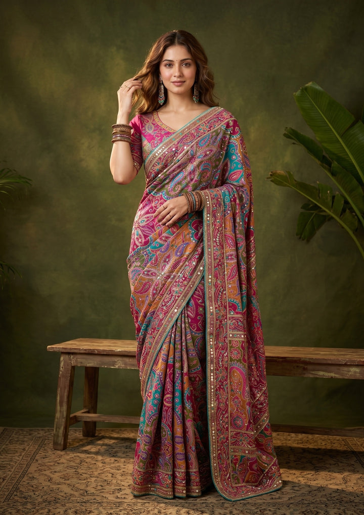 Multi Satin Sequins Saree With Matching Blouse Piece