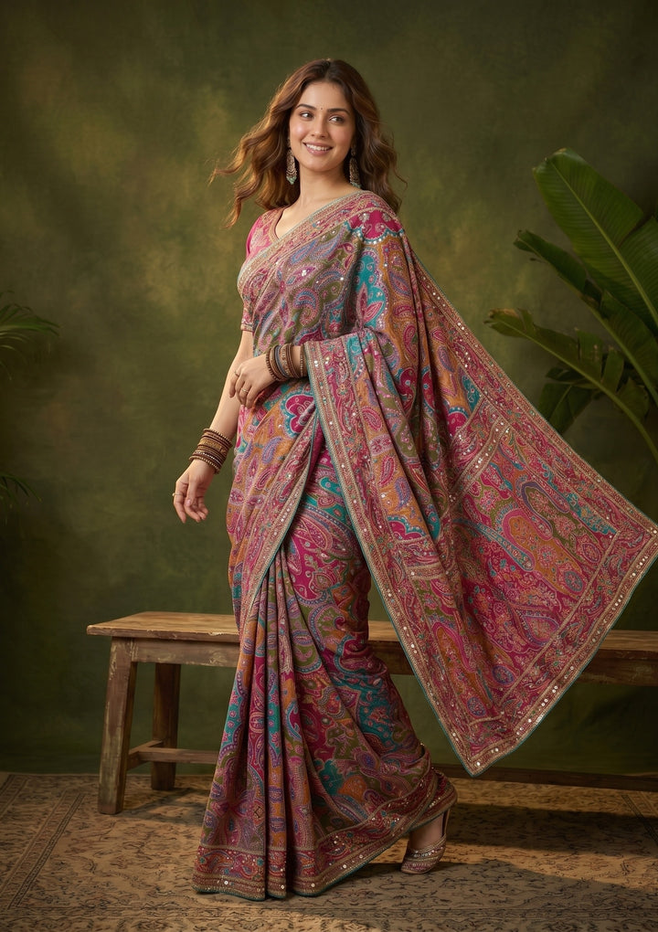 Multi Satin Sequins Saree With Matching Blouse Piece