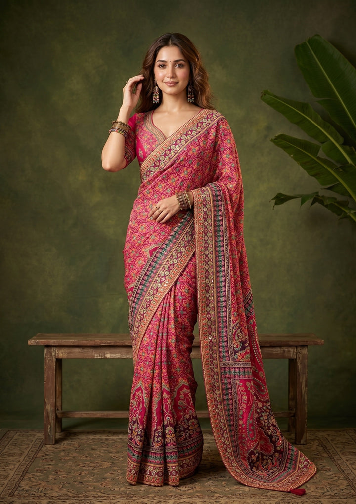 Pink Satin Sequins Saree With Matching Blouse Piece
