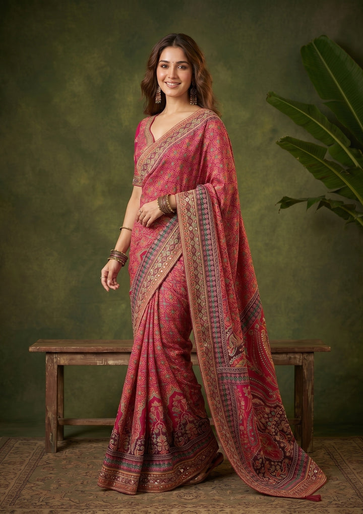 Pink Satin Sequins Saree With Matching Blouse Piece