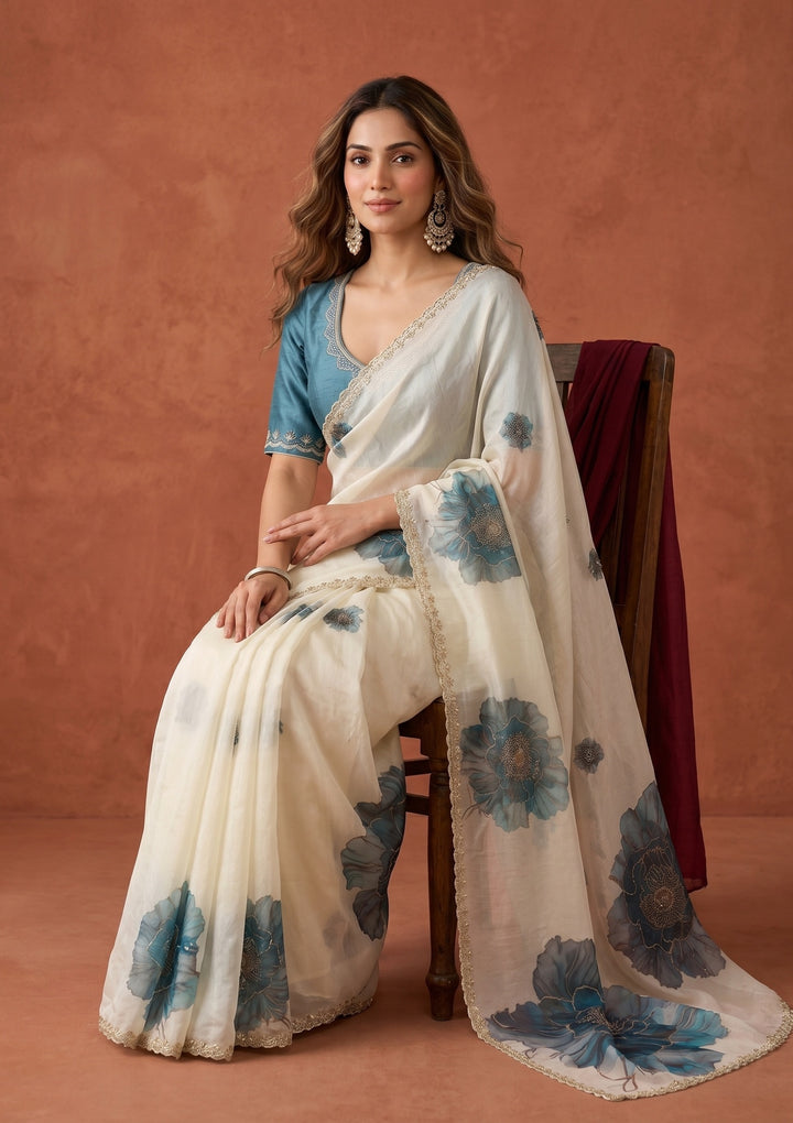 Cream Stonework (Gold) Tissue Saree