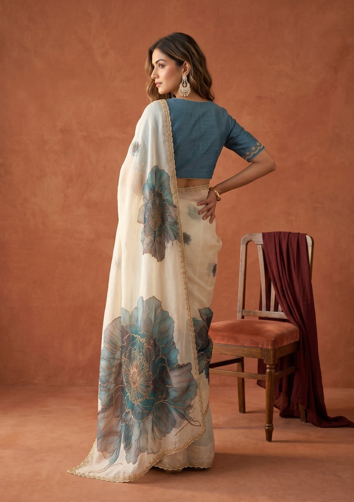 Cream Stonework (Gold) Tissue Saree