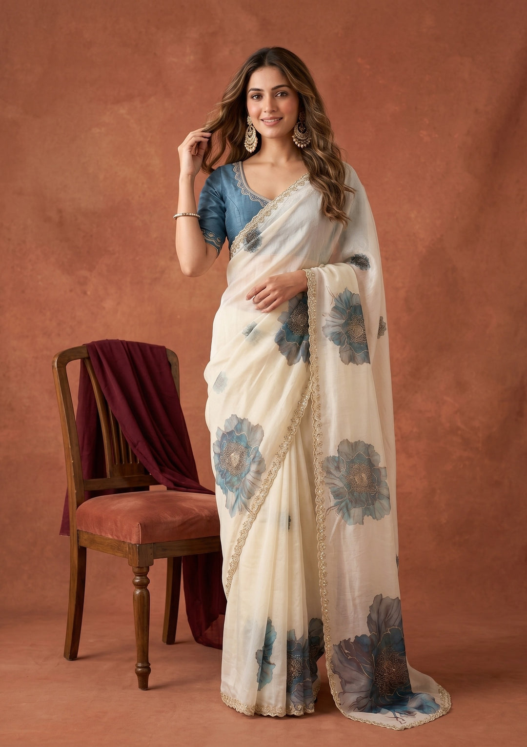 Cream Stonework (Gold) Tissue Saree