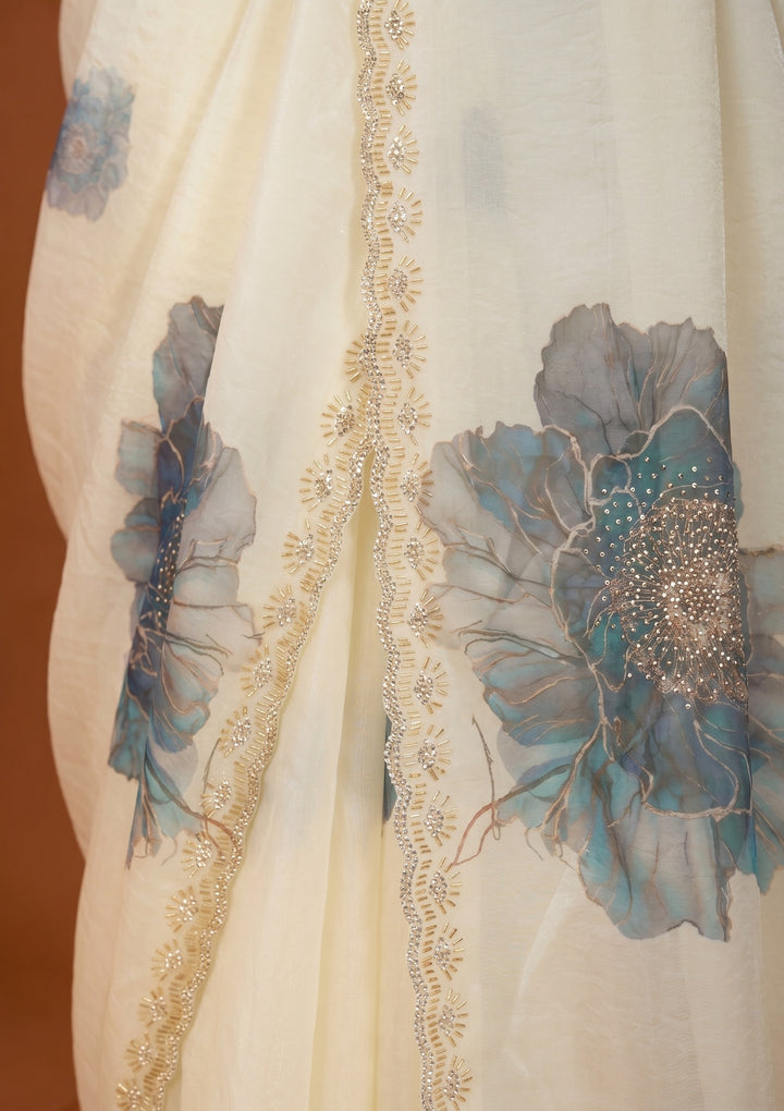 Cream Stonework (Gold) Tissue Saree
