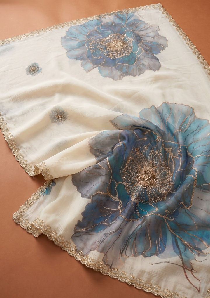 Cream Stonework (Gold) Tissue Saree