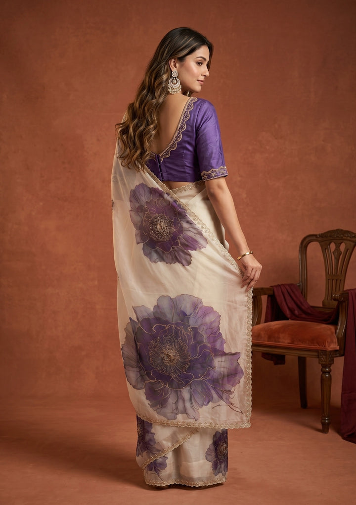 Cream Stonework (Gold) Tissue Saree